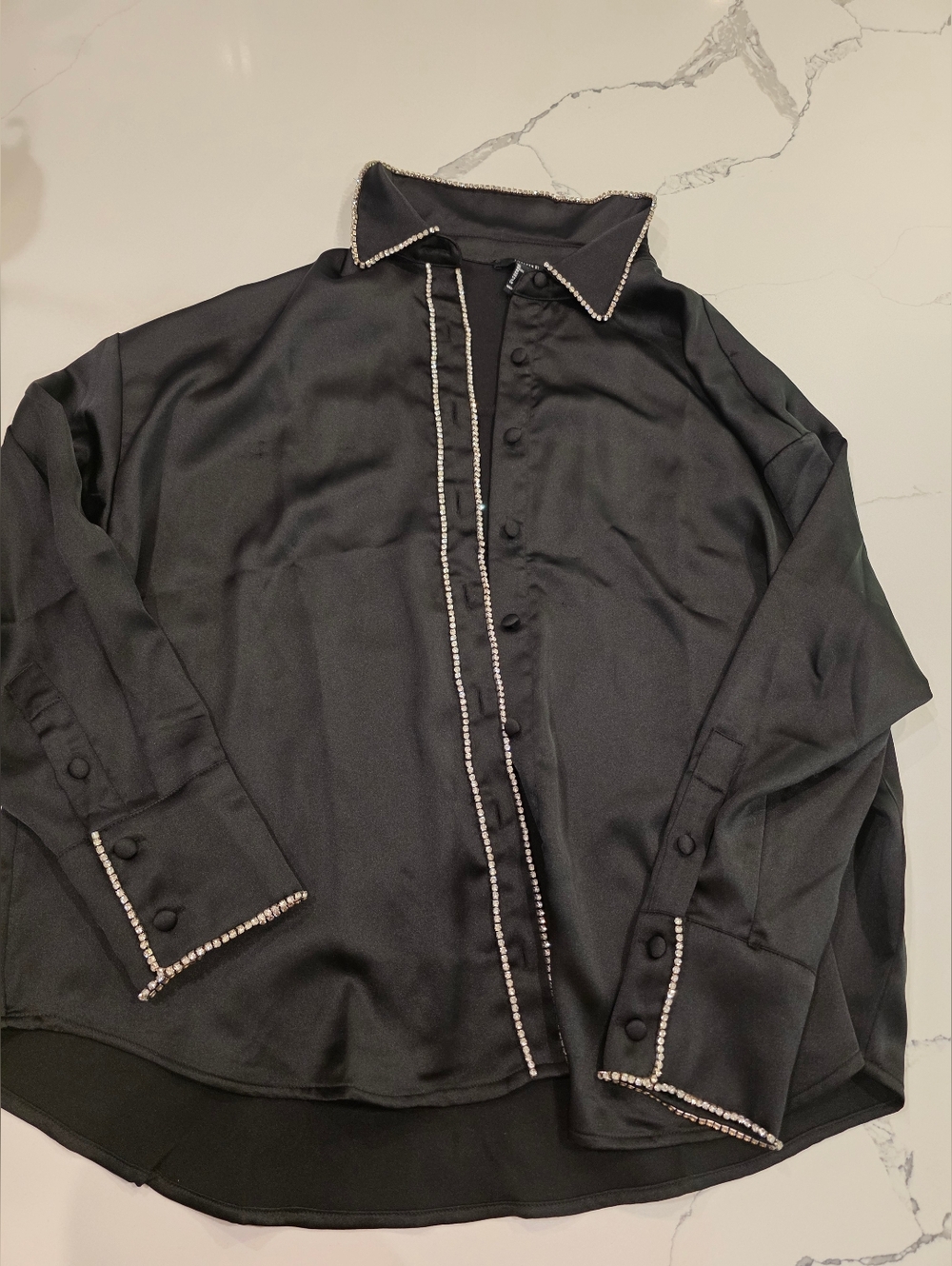 Forever 21 Black Satin Blouse with Rhinestone Trimlo LARGE